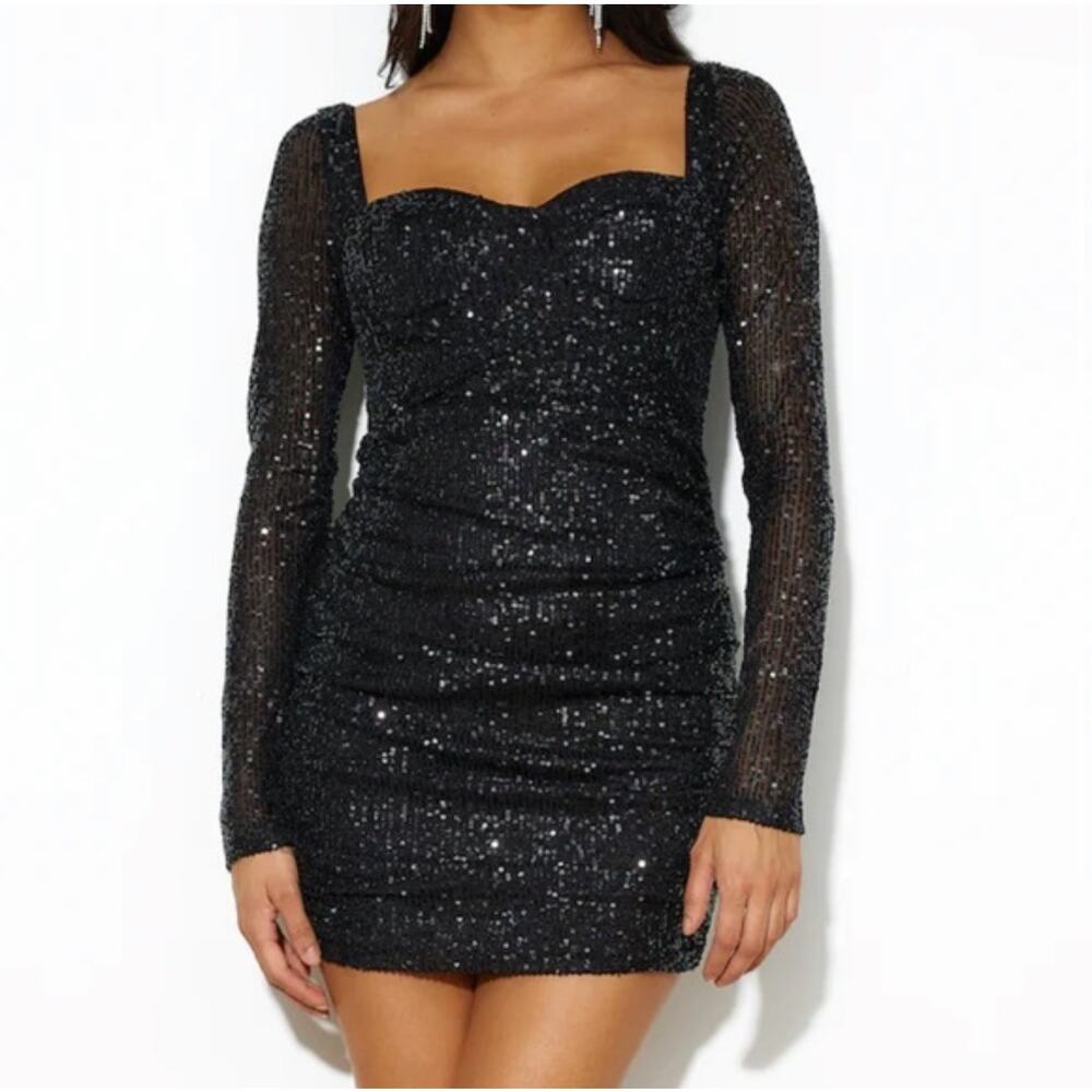 Hello Molly Black Sequin Posted Long Sleeve Ruched Party Cocktail Dress 6 Medium - Picture 3 of 13